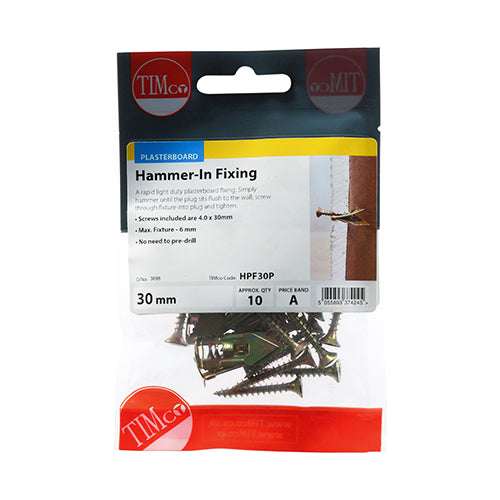 A rapid light duty plasterboard fixing with zinc plating & yellow passivation, to enhance corrosion resistance. Serrated point for easy hammering and quick installation. Comes complete with screws. 