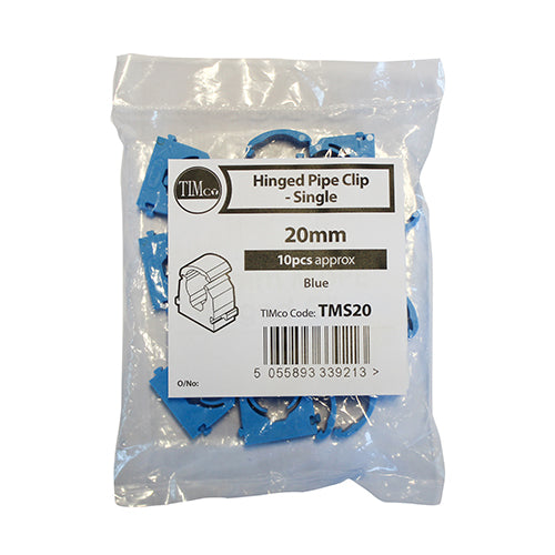 The single hinged clip is available in sizes to fit MDPE pipe and in blue to match the pipe colour. 