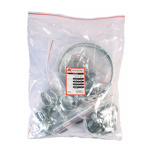 Mixed bag containing the 8 most popular sizes. Zinc plated carbon steel worm drive hose clips with a 7mm slotted hex.