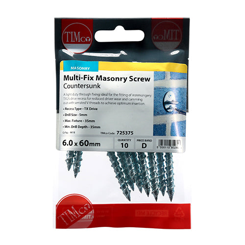 A rapid and effective light duty fixing ideal for attaching ironmongery to concrete, stone and brick without the need for nylon plugs. Countersunk head for a flush finish.