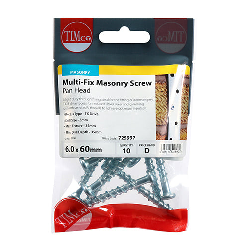 A rapid and effective light duty fixing ideal for attaching ironmongery to concrete, stone and brick without the need for nylon plugs. Pan head to improve clamping.