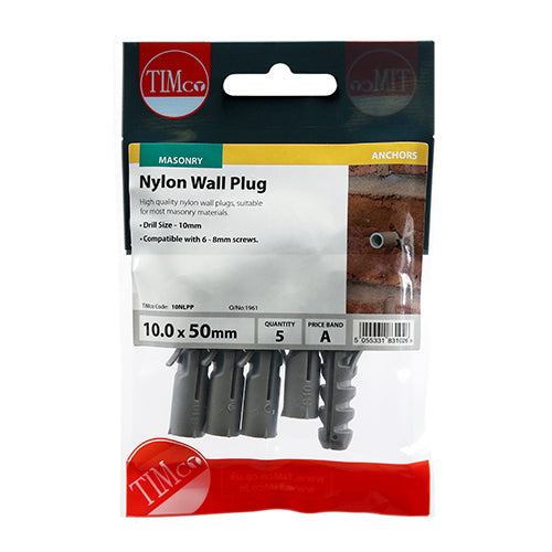 Nylon plug for use with coach screws into masonry. NOTE: Coach screws not included.