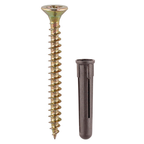 Plastic plugs supplied with screws, suitable for all kinds of masonry and substrate materials in medium to lightweight applications. NOTE: It may be beneficial to reduce drill diameter in soft materials. 