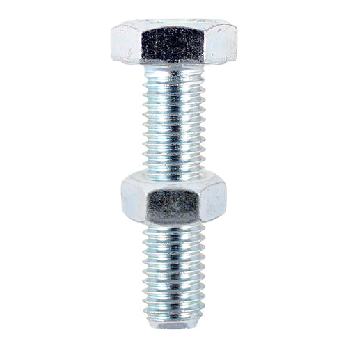 A fully threaded high tensile set screw with hex nut, used in a wide variety of applications. NOTE: Nuts included.