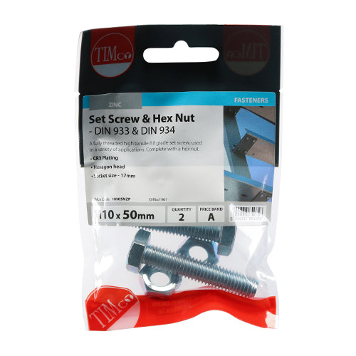 A fully threaded high tensile set screw with hex nut, used in a wide variety of applications. NOTE: Nuts included.