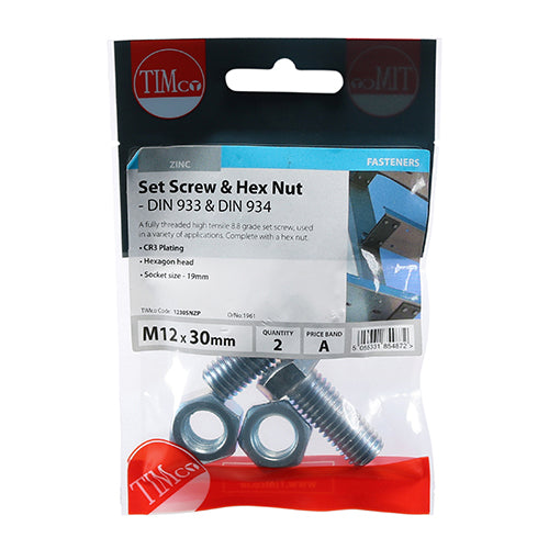 A fully threaded high tensile set screw with hex nut, used in a wide variety of applications. NOTE: Nuts included.