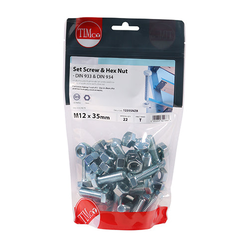 A fully threaded high tensile set screw with hex nut, used in a wide variety of applications. NOTE: Nuts included.