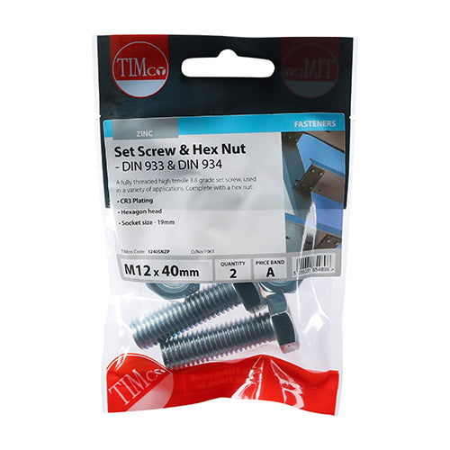 A fully threaded high tensile set screw with hex nut, used in a wide variety of applications. NOTE: Nuts included.