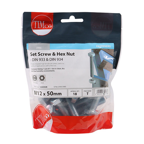 A fully threaded high tensile set screw with hex nut, used in a wide variety of applications. NOTE: Nuts included.