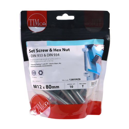 A fully threaded high tensile set screw with hex nut, used in a wide variety of applications. NOTE: Nuts included.