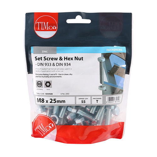 A fully threaded high tensile set screw with hex nut, used in a wide variety of applications. NOTE: Nuts included.