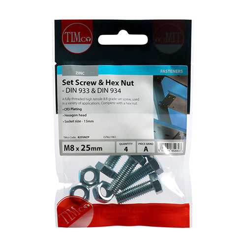 A fully threaded high tensile set screw with hex nut, used in a wide variety of applications. NOTE: Nuts included.