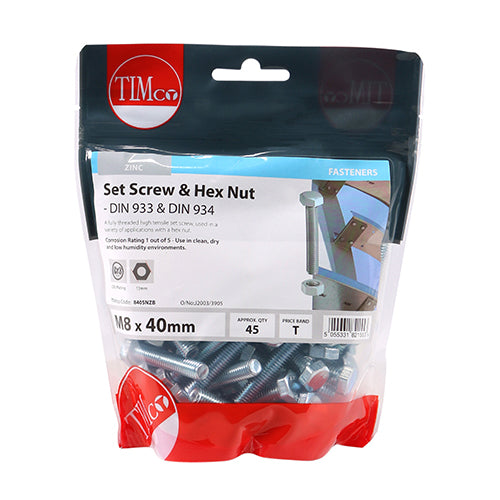 A fully threaded high tensile set screw with hex nut, used in a wide variety of applications. NOTE: Nuts included.