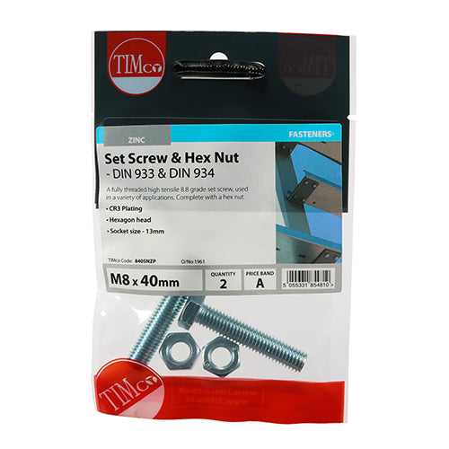 A fully threaded high tensile set screw with hex nut, used in a wide variety of applications. NOTE: Nuts included.