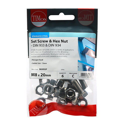 A fully threaded set screw used in a variety of applications. Manufactured from A2 Stainless Steel offering superior corrosion resistance, perfect for external applications. Stainless steel must be used where there is corrosive environment and/or the base material has inherent corrosive characteristics e.g. Green Oak. NOTE: Nuts included. 