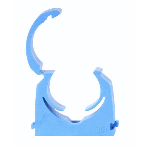 The single hinged clip is available in sizes to fit MDPE pipe and in blue to match the pipe colour. 