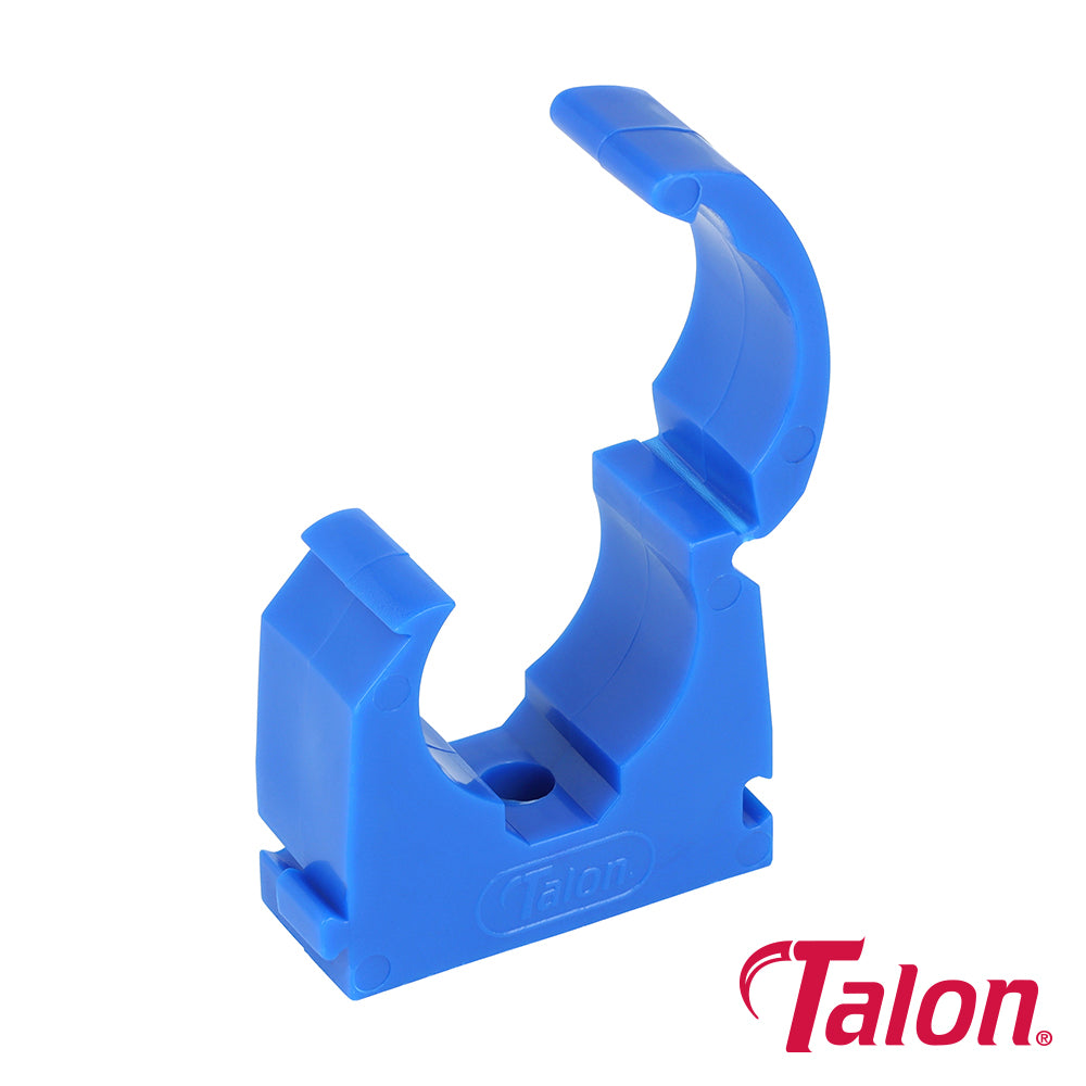 The Talon Single Hinged Clip offers a 360Â° fixing for pipework. Manufactured in the UK this high quality polypropylene clip offers the user a secure fixing. All sizes of the Hinged Clip can be connected together via the dovetail to allow for equal pipe spacing. These hinged clips are available in a range of different colours for identifying different pipework.