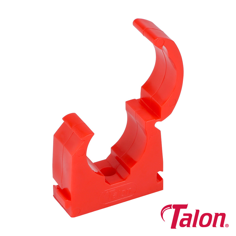 The Talon Single Hinged Clip offers a 360Â° fixing for pipework. Manufactured in the UK this high quality polypropylene clip offers the user a secure fixing. All sizes of the Hinged Clip can be connected together via the dovetail to allow for equal pipe spacing. These hinged clips are available in a range of different colours for identifying different pipework.