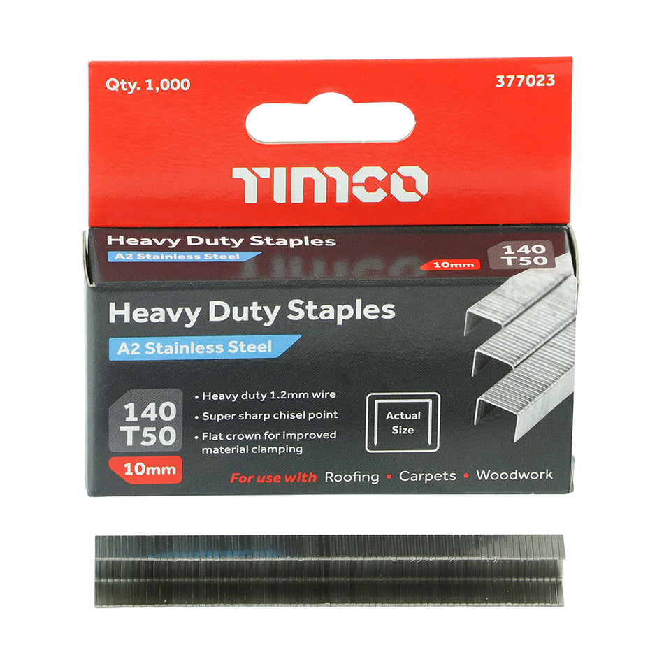 Heavy duty staples suitable for a range of professional second fix applications including carpet fitting, roof insulating, woodworking and more. Manufactured from A2 Stainless Steel offering superior corrosion resistance, perfect for external applications. Stainless steel must be used where there is corrosive environment and/or the base material has inherent corrosive characteristics e.g. Green Oak.