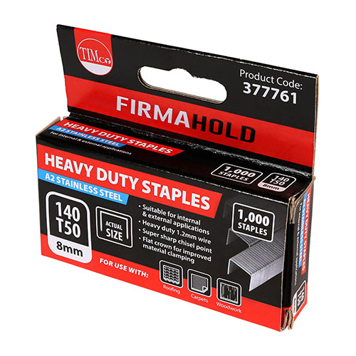 Heavy duty staples suitable for a range of professional second fix applications including carpet fitting, roof insulating, woodworking and more. Manufactured from A2 Stainless Steel offering superior corrosion resistance, perfect for external applications. Stainless steel must be used where there is corrosive environment and/or the base material has inherent corrosive characteristics e.g. Green Oak.