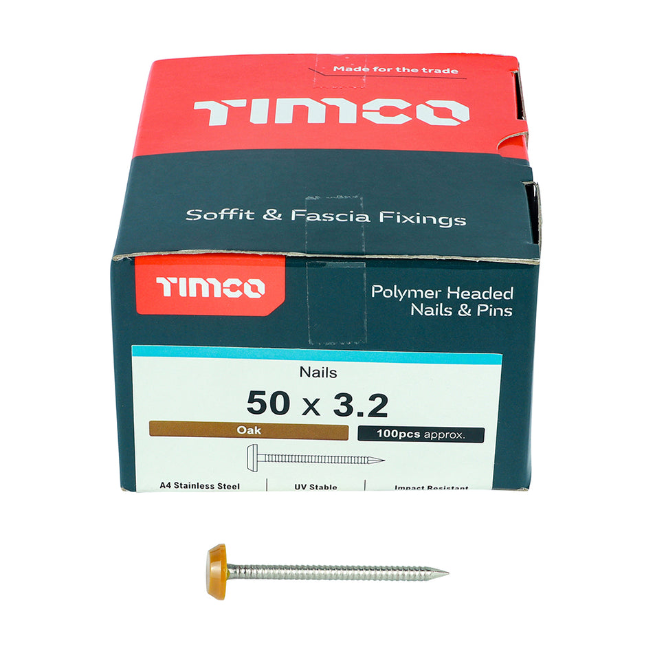 Impact and UV resistant A4 Stainless Steel polymer headed nails. Used for fixing soffits, fascias, roofline trims and where other aesthetic fixings are required. 