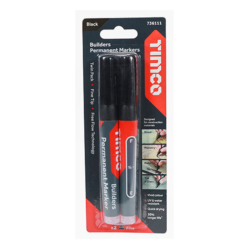 TIMCO premium quality permanent marker pens for use on multiple materials including cardboard, paper, plastic, glass, tile, metal, masonry and wood. Using free flow cartridge technology, they are bolder and brighter for longer than reservoir style markers and are both water and UV resistant. 