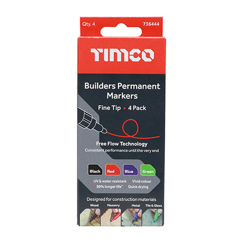 TIMCO premium quality permanent marker pens for use on multiple materials including cardboard, paper, plastic, glass, tile, metal, masonry and wood. Using free flow cartridge technology, they are bolder and brighter for longer than reservoir style markers and are both water and UV resistant. 