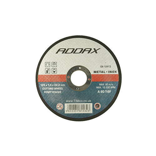 A tin of 10 115mm bonded abrasive discs. Used for cutting slits into various types of metals, including stainless steel / inox.