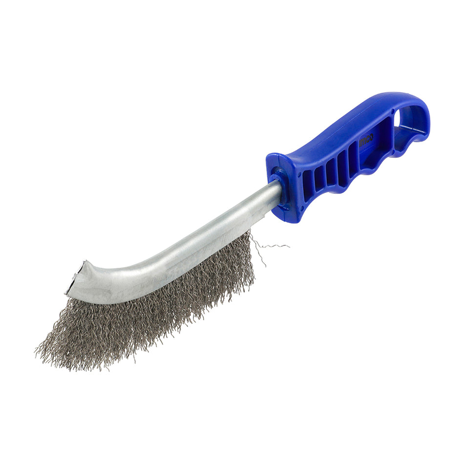 A high density A2 Stainless Steel wire brush with an ergonomic plastic handle. Ideal for a more aggressive removal of paint, rust, scale, grout or dirt. Sold in three brush types to suit a variety of applications. Use stainless steel to reduce the likelihood of cross contamination when cleaning the base material. 