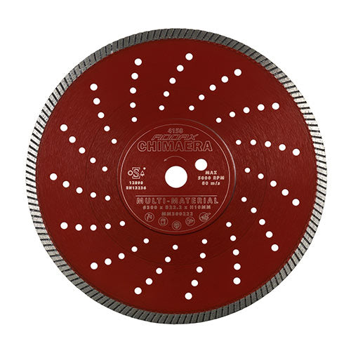 A premium quality diamond blade, manufactured to give professional and long lasting results. It uses a high grade hot pressed diamond cutting edge and laser welding technology for maximum cutting performance, lifespan and vibration resistance. The continuous turbo cutting edge assists self cooling while cutting, allowing the diamond material to stay sharper, for longer. Suitable for the hardest materials on site, including reinforced concrete, g