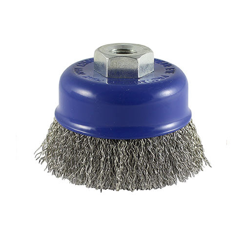 Suitable for use with angle grinders. The crimped wire is ideal for lightly removing loose paint, rust or dirt without scarring the base material. Use stainless steel to reduce the likelihood of cross contamination when cleaning the base material. 