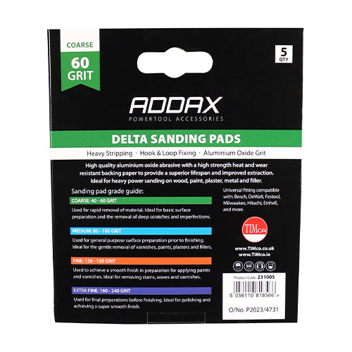 High quality aluminium oxide abrasive with a high strength heat and wear resistant backing paper to provide a superior lifespan and improved extraction. Compatible with most leading brands of oscillating multi-tools. Ideal for heavy power sanding on wood, paint, varnish, plaster and filler.