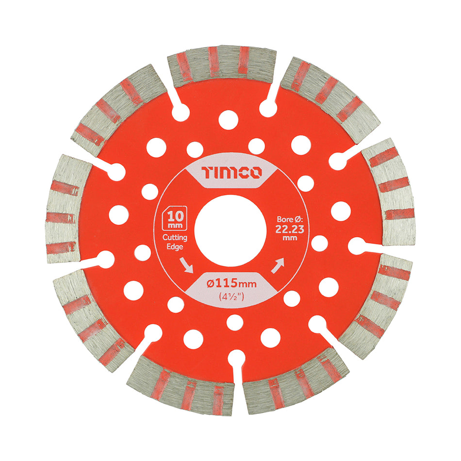 A high quality diamond blade, manufactured using premium diamond powder and laser welded turbo segments, with a vented heavy duty body for exceptional cutting speed, accuracy and lifespan. Suitable for use on most medium to hard density materials including Concrete, Brick, Stone, Paving and much more.