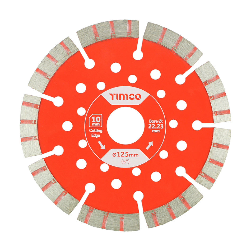 A high quality diamond blade, manufactured using premium diamond powder and laser welded turbo segments, with a vented heavy duty body for exceptional cutting speed, accuracy and lifespan. Suitable for use on most medium to hard density materials including Concrete, Brick, Stone, Paving and much more.