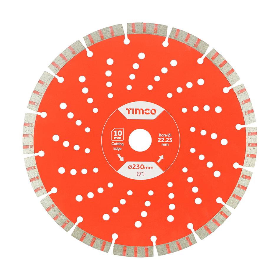 A high quality diamond blade, manufactured using premium diamond powder and laser welded turbo segments, with a vented heavy duty body for exceptional cutting speed, accuracy and lifespan. Suitable for use on most medium to hard density materials including Concrete, Brick, Stone, Paving and much more.