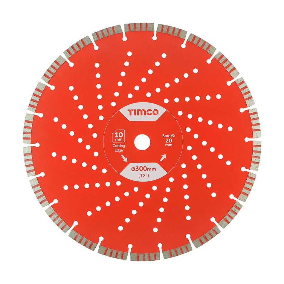 A high quality diamond blade, manufactured using premium diamond powder and laser welded turbo segments, with a vented heavy duty body for exceptional cutting speed, accuracy and lifespan. Suitable for use on most medium to hard density materials including Concrete, Brick, Stone, Paving and much more.