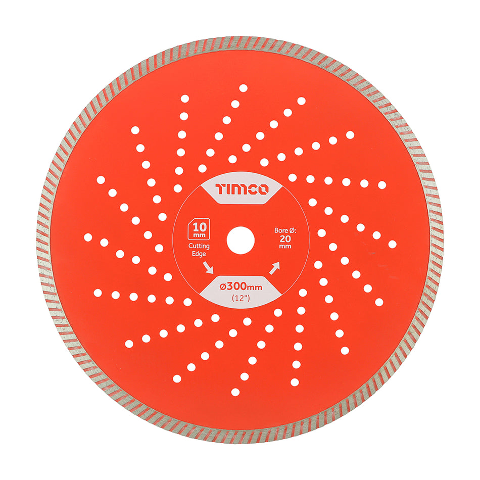 A high quality continuous rim diamond blade, manufactured using premium diamond powder and laser welded turbo cutting edge, with a vented heavy duty body for exceptional cutting speed, accuracy and lifespan. Suitable for use on very hard materials including Dense Concrete, Engineering Brick, Stone, Paving and much more.