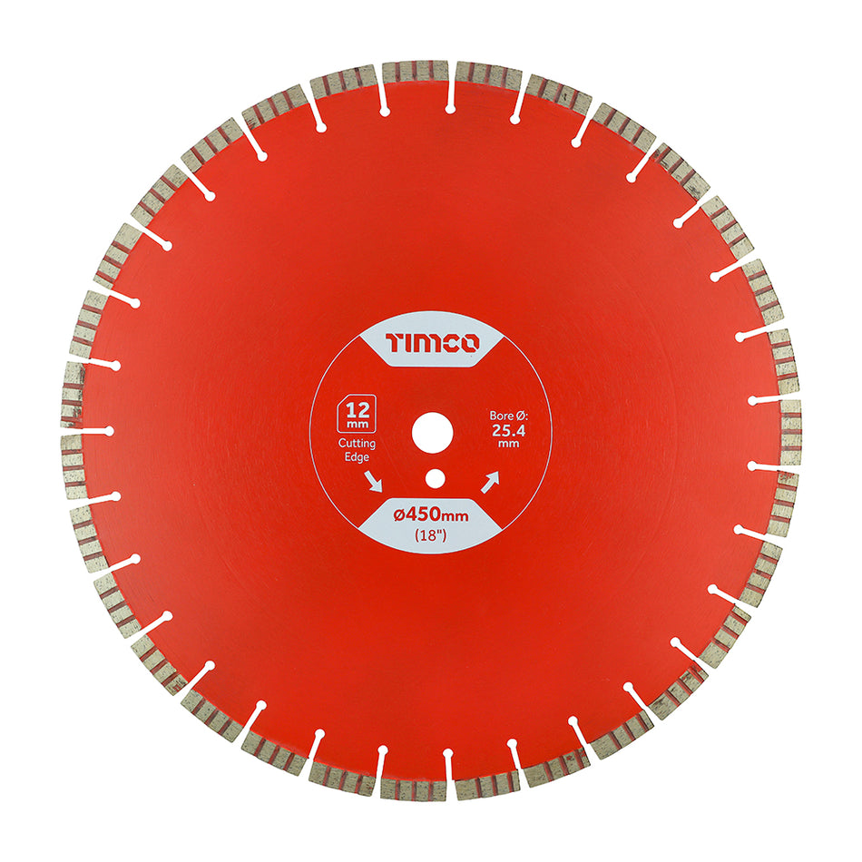 A premium quality diamond blade, manufactured to give professional and long lasting results. It uses high grade hot pressed diamond segments and laser welding technology for maximum cutting speed, accuracy and lifespan. The turbo segments assist self cooling while cutting, allowing the diamond material to stay sharper, for longer. Suitable for the hardest materials on site, including reinforced concrete, granite, engineering bricks, kerbs and mo