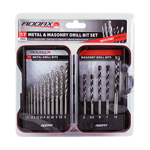 A mixed selection of 12 HSS Ground Metal Drills with a 135Â° degree quick start split point and 5 carbide tipped Masonry Drills. Sold in a robust weatherproof case. 