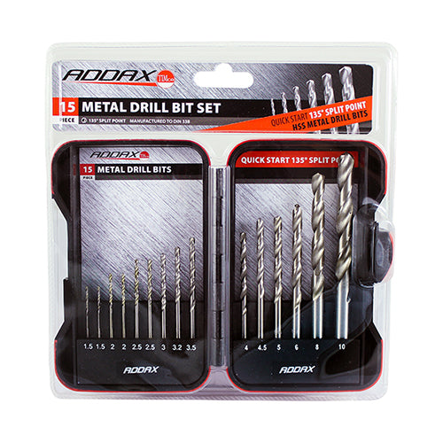 A 15 piece mixed selection of the most popular HSS Ground Metal Drills with a 135Â° degree quick start split point. Sold in a robust weatherproof case. 