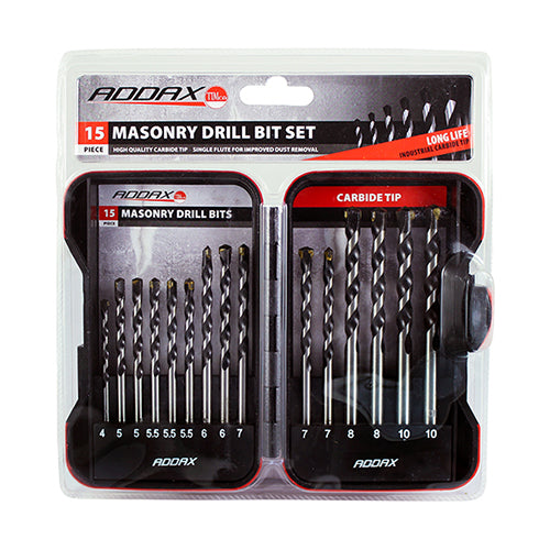 A mixed selection of 15 carbide tipped Masonry Drills. The range covers the most popular hole sizes for plastic plugs. Sold in a robust weatherproof case. 