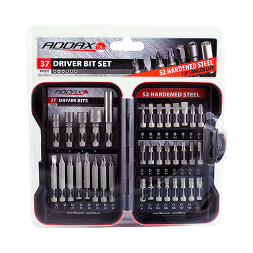 A 37 piece mixed selection of the most popular 25mm and 50mm S2 driver bits with a magnetic adaptor and an assortment of socket drivers. Sold in a robust weatherproof case. 