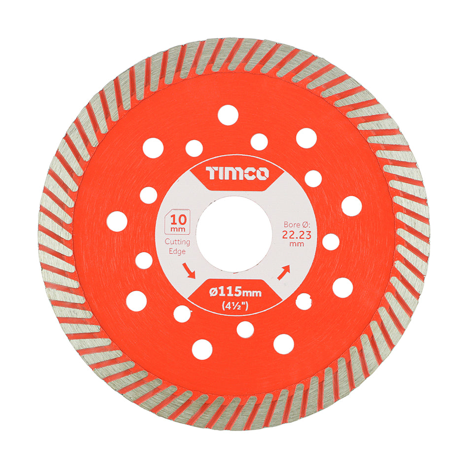 A premium quality diamond blade, manufactured to give professional and long lasting results. It uses a high grade hot pressed diamond cutting edge and laser welding technology for maximum cutting performance, lifespan and vibration resistance. The continuous turbo cutting edge assists self cooling while cutting, allowing the diamond material to stay sharper, for longer. Suitable for the hardest materials on site, including reinforced concrete, g