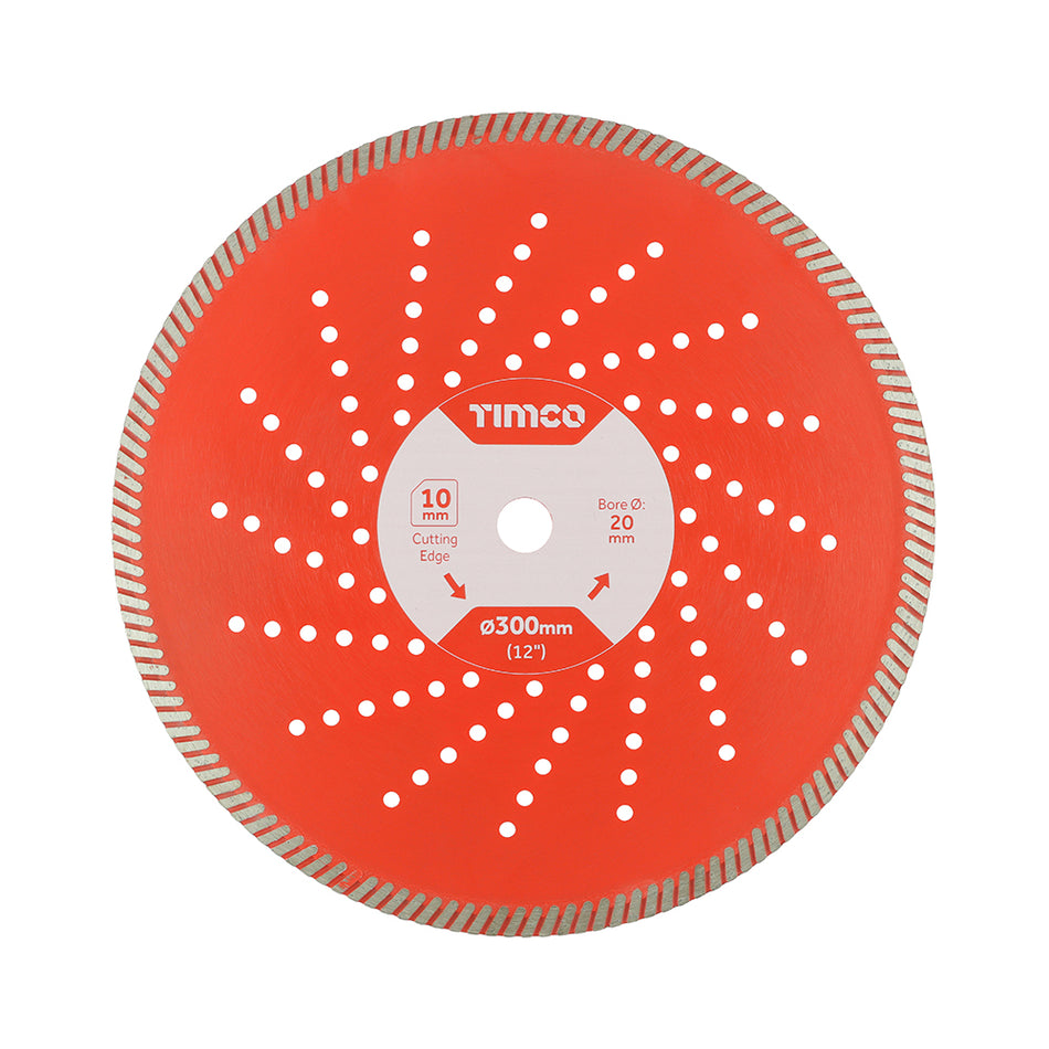 A premium quality diamond blade, manufactured to give professional and long lasting results. It uses a high grade hot pressed diamond cutting edge and laser welding technology for maximum cutting performance, lifespan and vibration resistance. The continuous turbo cutting edge assists self cooling while cutting, allowing the diamond material to stay sharper, for longer. Suitable for the hardest materials on site, including reinforced concrete, g