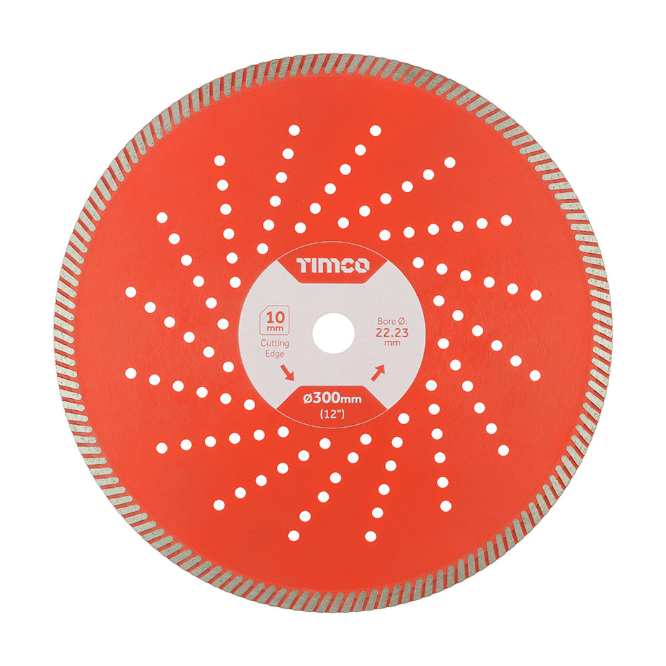 A premium quality diamond blade, manufactured to give professional and long lasting results. It uses a high grade hot pressed diamond cutting edge and laser welding technology for maximum cutting performance, lifespan and vibration resistance. The continuous turbo cutting edge assists self cooling while cutting, allowing the diamond material to stay sharper, for longer. Suitable for the hardest materials on site, including reinforced concrete, g