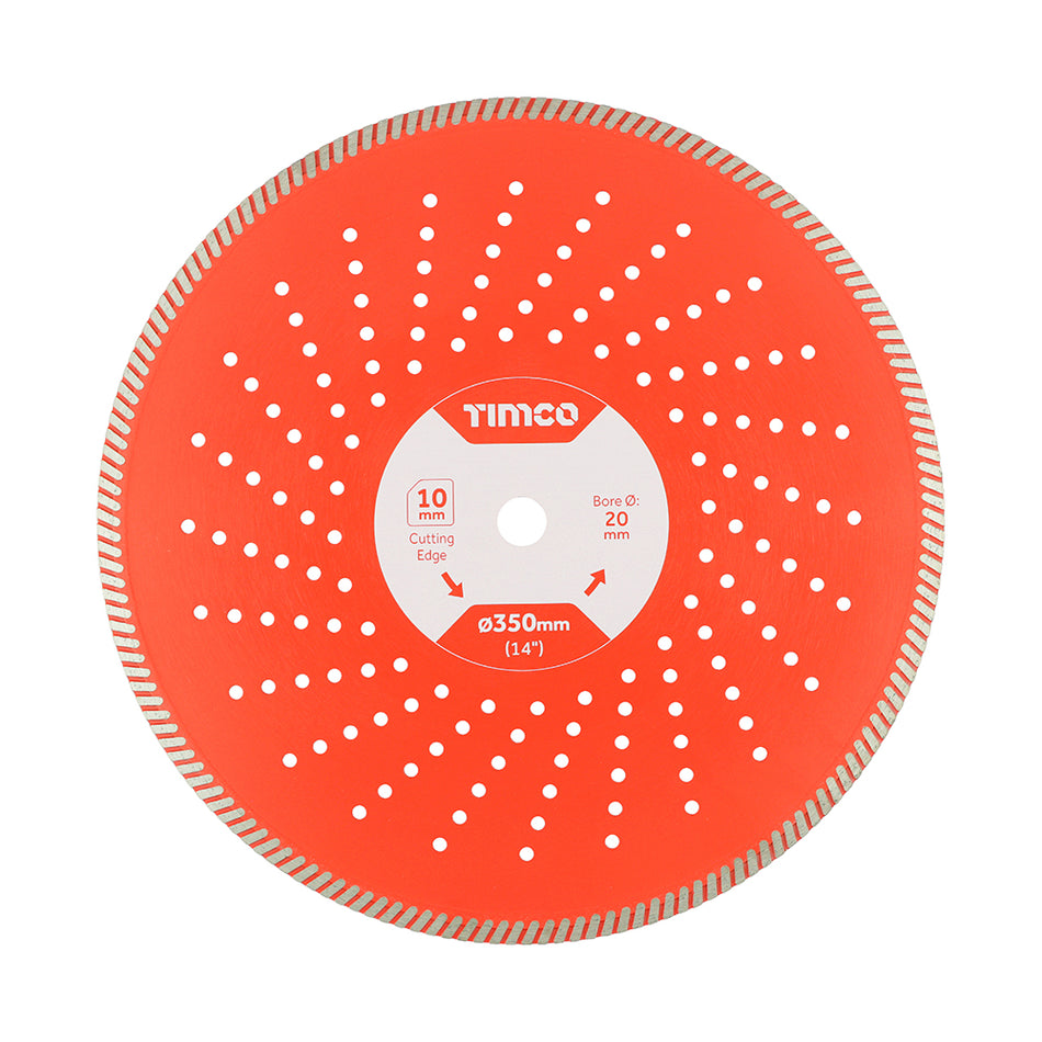 A premium quality diamond blade, manufactured to give professional and long lasting results. It uses a high grade hot pressed diamond cutting edge and laser welding technology for maximum cutting performance, lifespan and vibration resistance. The continuous turbo cutting edge assists self cooling while cutting, allowing the diamond material to stay sharper, for longer. Suitable for the hardest materials on site, including reinforced concrete, g