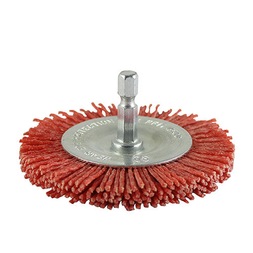 The nylon brush is less aggressive and ideal for light de-burring, polishing and finishing. 