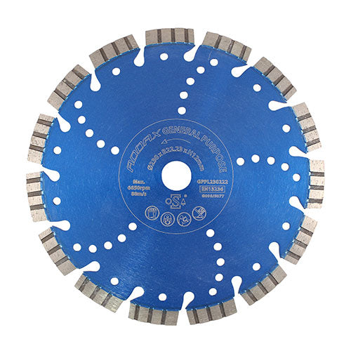 A premium quality diamond blade, manufactured to give professional and long lasting results. It uses high grade hot pressed diamond segments and laser welding technology for maximum cutting speed, accuracy and lifespan. The turbo segments assist self cooling while cutting, allowing the diamond material to stay sharper, for longer. Suitable for the hardest materials on site, including reinforced concrete, granite, engineering bricks, kerbs and mo