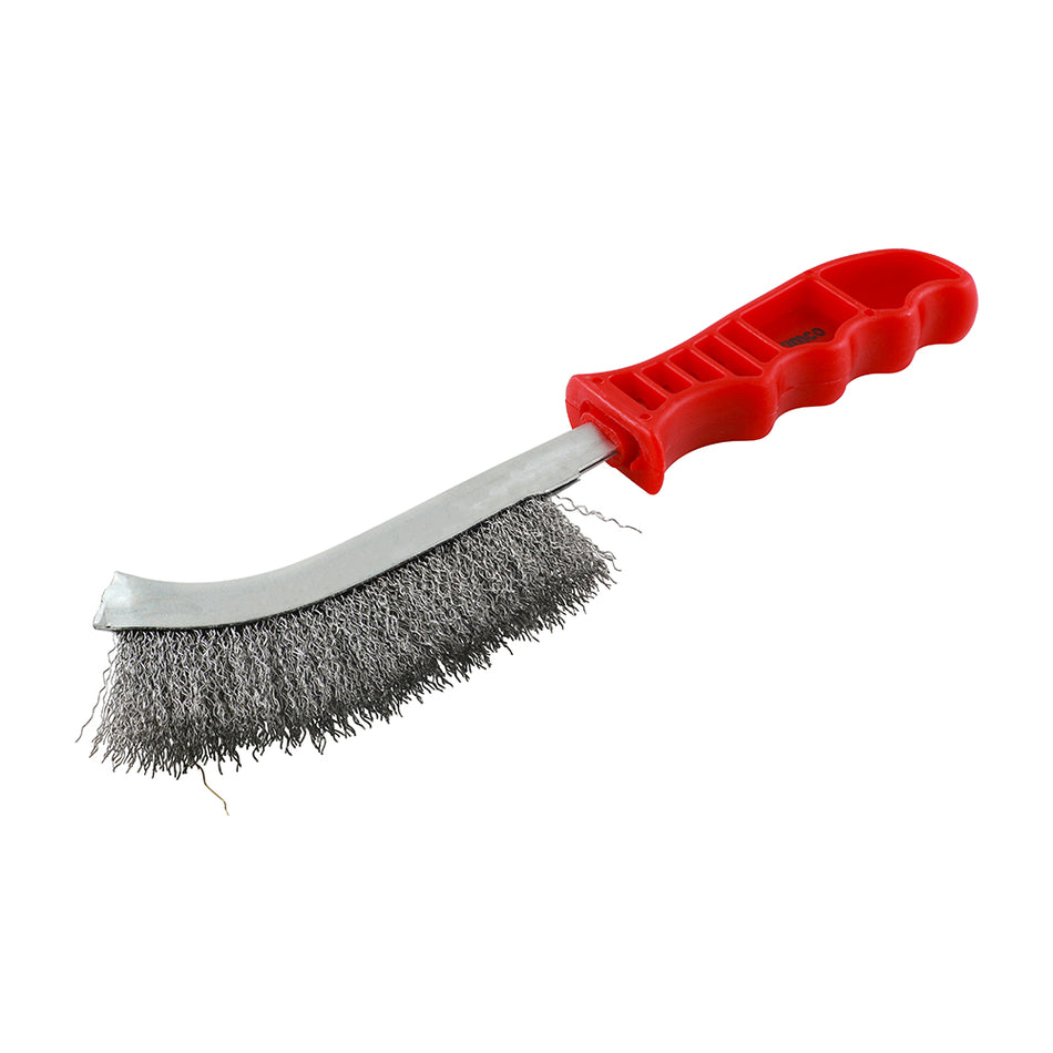 A high density carbon steel wire brush with an ergonomic plastic handle. Ideal for a more aggressive removal of paint, rust, scale, grout or dirt. Sold in three brush types to suit a variety of applications. 