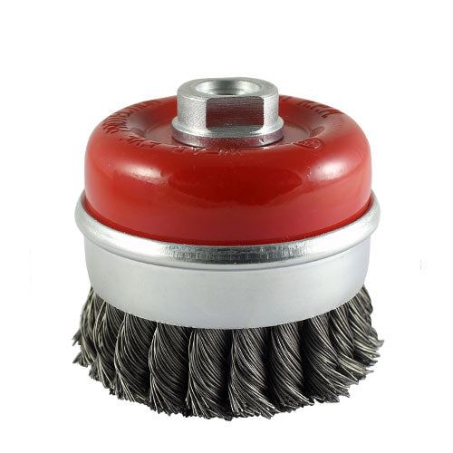 Suitable for use with angle grinders. The 0.5mm twist steel wire is hard wearing and gives an aggressive removal of paint, rust, rubber, concrete or dirt. The metal ring can be removed to increase usage life.